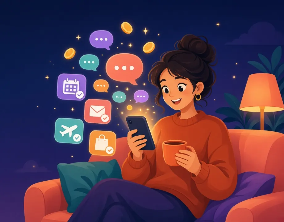 Illustration of a smiling person on a couch with a mug, looking at a phone while chat bubbles, small calendar, email, flight and shopping cards, and gold coins float up from the screen